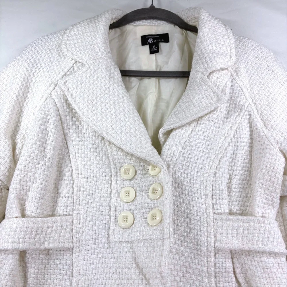 AB Studio Womens Jacket White Tweed Parisian‎ Bell Sleeve Belted Peacoat Size 12